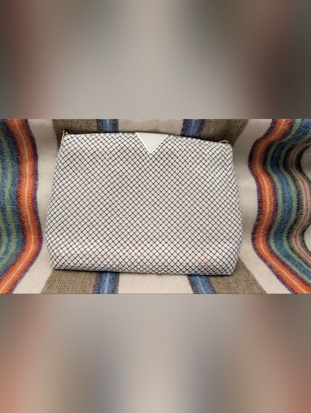 White Textured Chainmail Clutch with Gold Accent